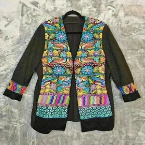 Vtg Blazer Womens L Black Rainbow Embroidered Birds Floral Festival Hippie Boho